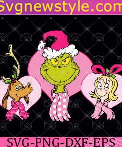 Dr. Seuss Grinch Pink Heart Trio Pullover Svg, Pink grinch svg,  grinch christmas Svg
