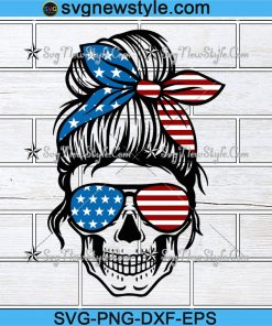 American Flag Skull Svg, Messy bun skull Svg