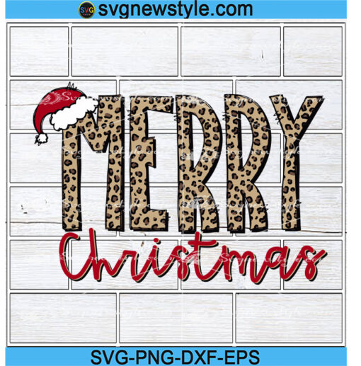 Leopard Print Merry Christmas with Santa Hat svg