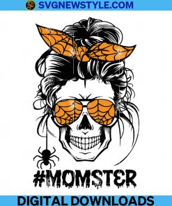 Momster Halloween Svg, Skull Mom Messy Hair Bun Monster Svg, Spooky Vibes Svg, Fall Svg, Png.