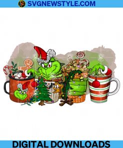 Xmas Coffee Cups Png, Grinch Santa Claus Png, Sublimation Designs