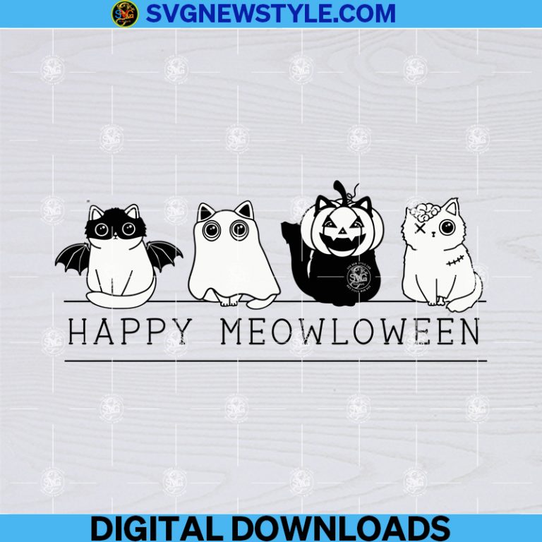 Meowloween Cats in Costume Outline Svg, Pumpkin Bat Ghost Zombie Black ...