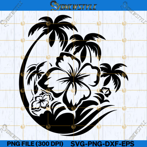 Tropical Hibiscus Flowers Beach Scene Svg