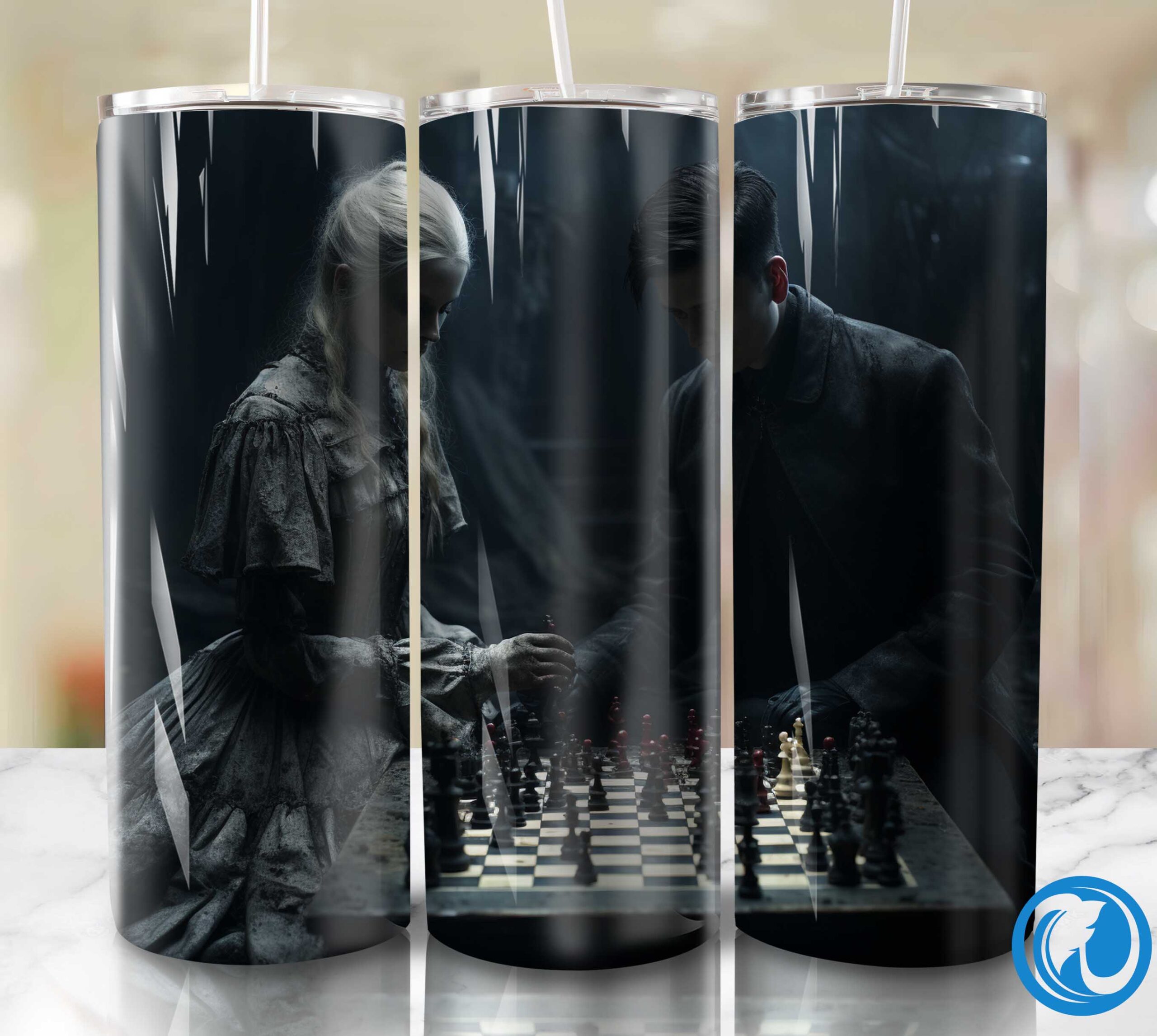 Paranormal chess match Tumbler, Digital Download 4 A ghost and a vampire playing a game of chess in a 18 scaled