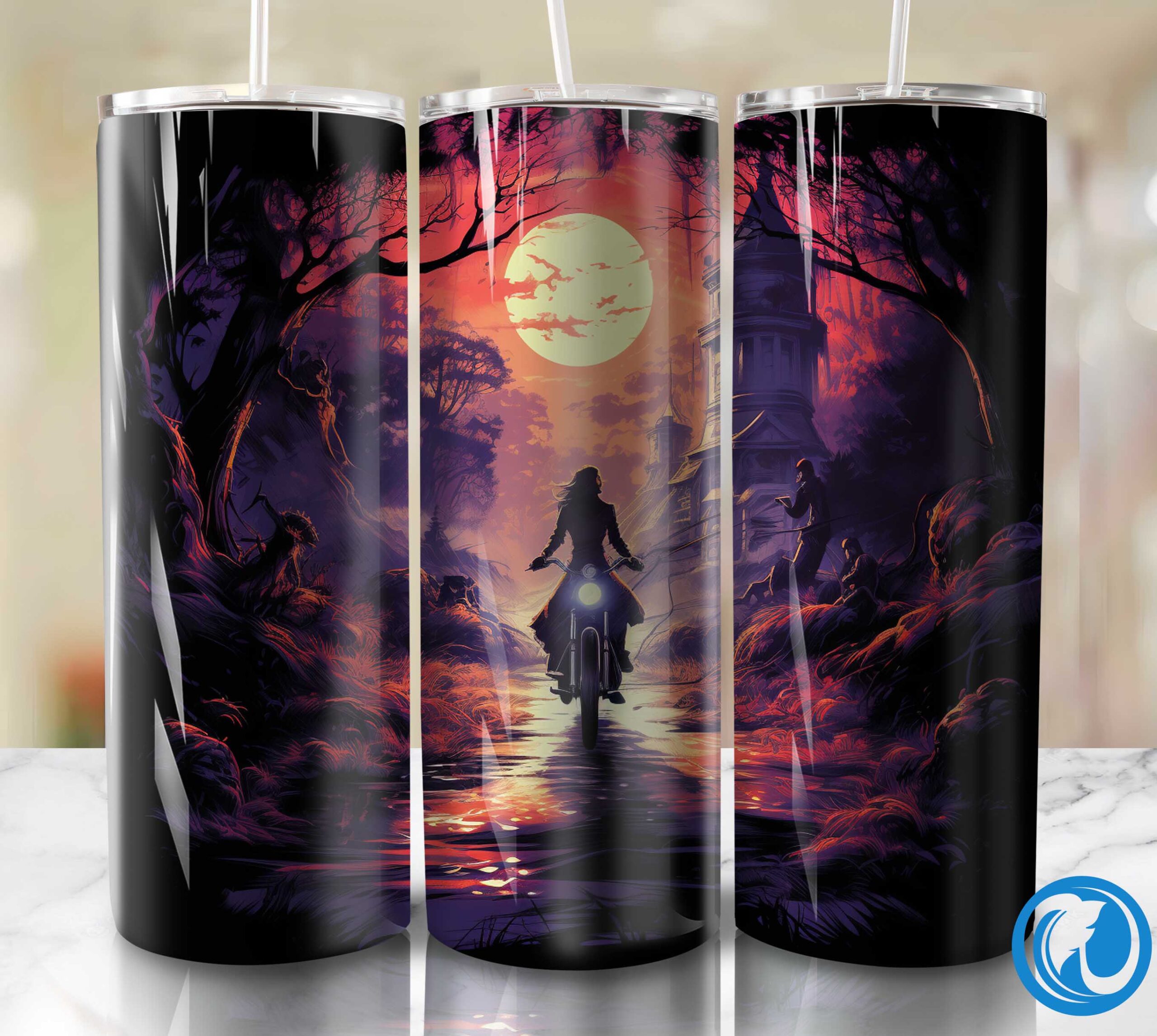 Witchcraft and spectral ride Tumbler, Sublimation Designs 4 A witch and a ghost going on a motorcycle ride in a 79 scaled