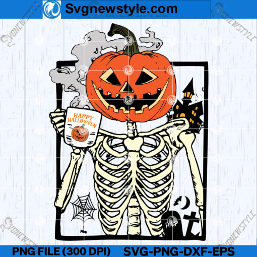 Pumpkin Skeleton Drinking Coffee SVG