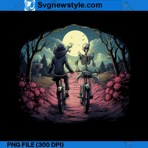 A friendly ghost and a skeleton going for a bike PNG