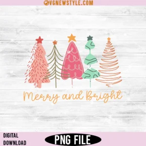 Merry and Bright Png, Pink Christmas Tree Png, Instant Download
