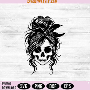 Messy Bun Halloween Skull SVG, Girl Skull SVG for Cricut, Png, Dxf