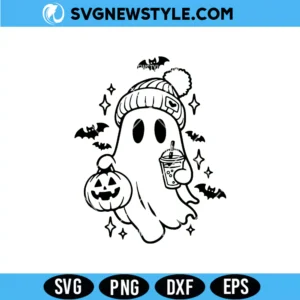 Ghost in hat with coffee Svg File, Ghost SVG for Silhouette, PNG DXF EPS, Digital Download