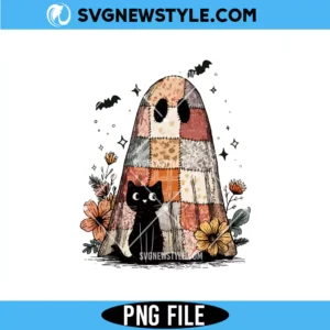 Patchwork Halloween Ghost and Cat Png