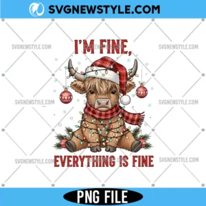 Highland Cow Holiday Lights with Santa Hat Png