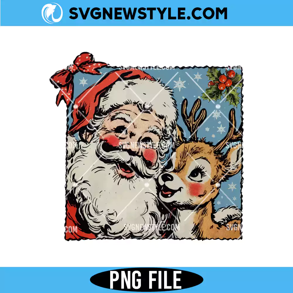 Retro Santa Claus And Reindeer PNG, Christmas Coquette Bow Png | Digital Download 1 Retro Santa Claus And Reindeer PNG