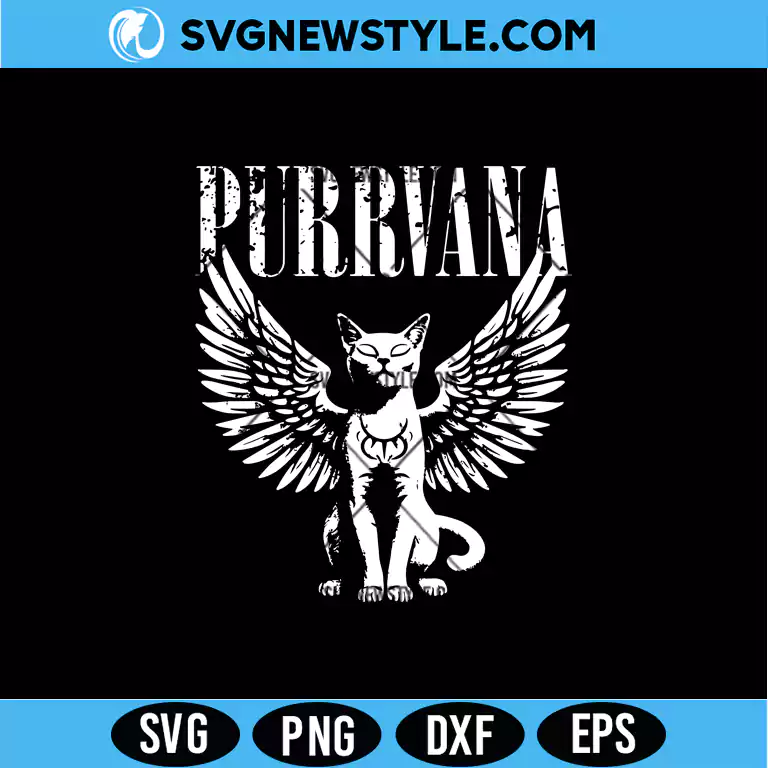 Purrvana Cat With Wings Washed SVG – Grunge Style Cut File | Digital Download 1 Purrvana Cat With Wings Washed SVG