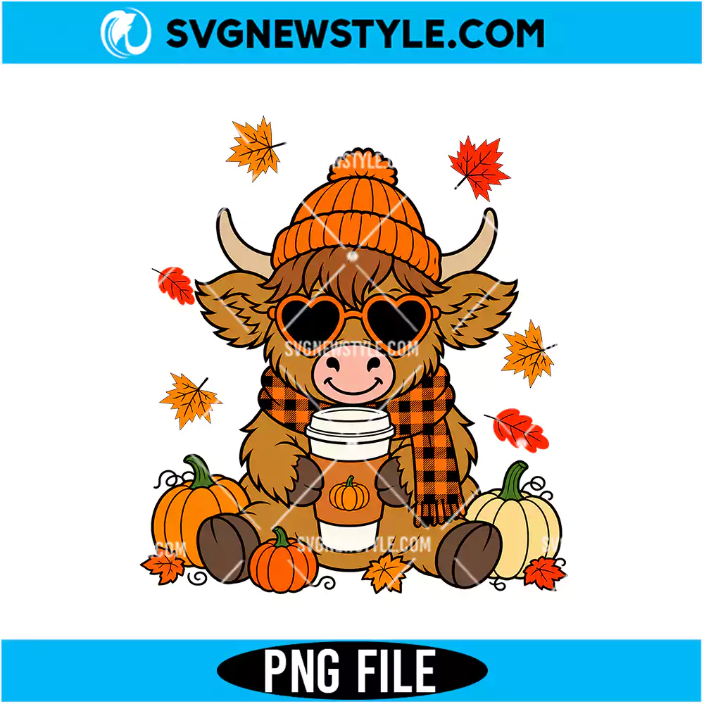 Highland Cow Fall Png Digital Download | Trendy Autumn Farmhouse Graphic 1 Highland Cow Fall Png