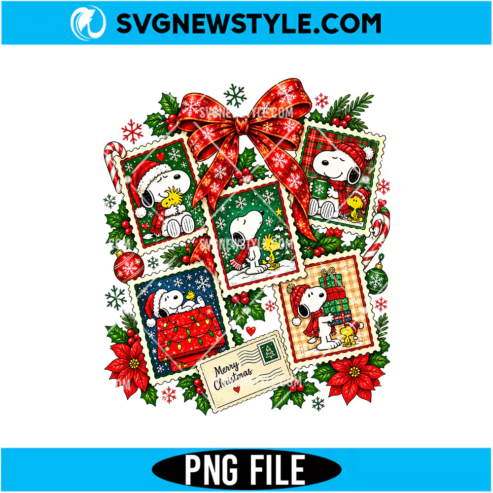 Snoopy Christmas Stamps PNG Digital Download | Festive Holiday Cartoon Graphic 1 Snoopy Christmas Stamps PNG