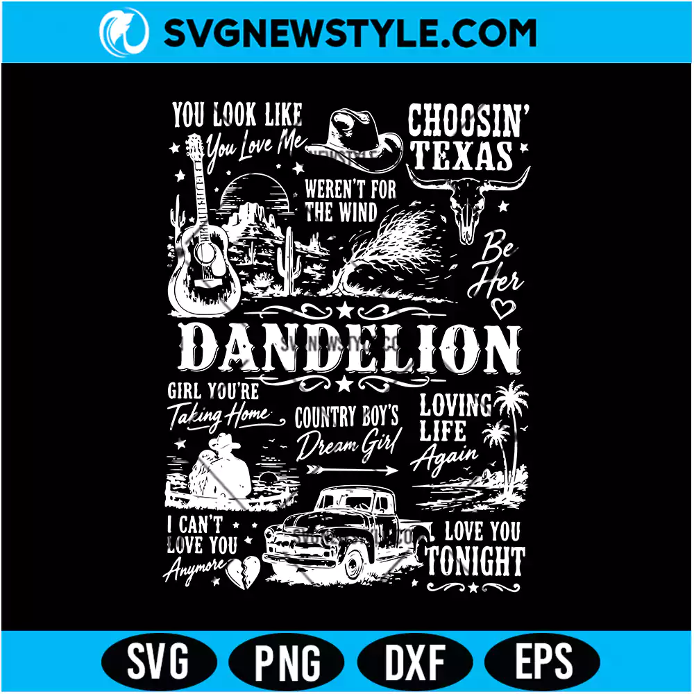 Dandelion Country Music Svg Digital Download | Rustic Country Music Cut File 1 Dandelion Country Music Svg