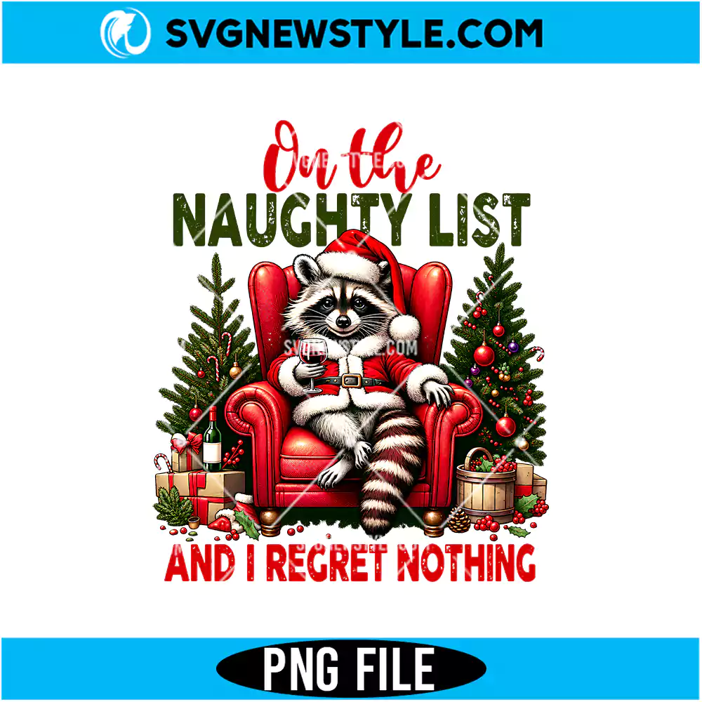 On The Naughty List Raccoon Christmas PNG Digital Download | Festive Holiday Animal Graphic 1 On The Naughty List Raccoon Christmas PNG