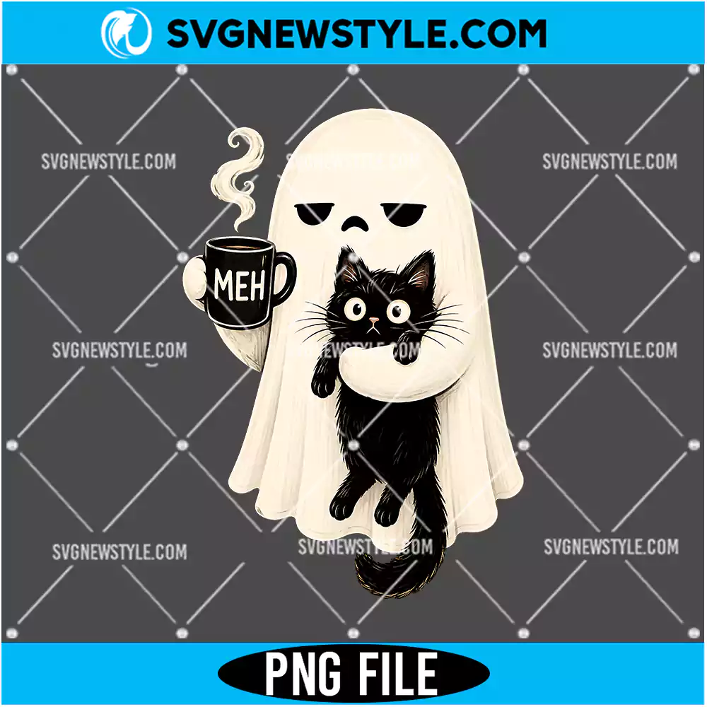 Ghost Holding Black Cat PNG Digital Download | Festive Spooky Cute Graphic 1 Ghost Holding Black Cat PNG