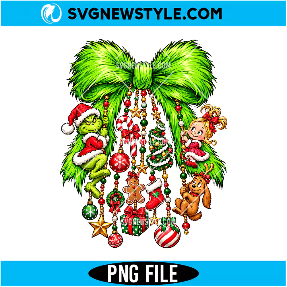 Grinch Hanging Ornaments Bow PNG Digital Download | Festive Holiday Bauble Graphic 1 Grinch Hanging Ornaments Bow PNG