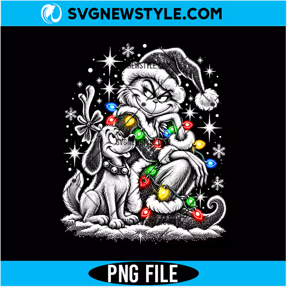 Grinch and Max Christmas Lights PNG Digital Download | Festive Holiday Dog Graphic 1 Grinch and Max Christmas Lights PNG