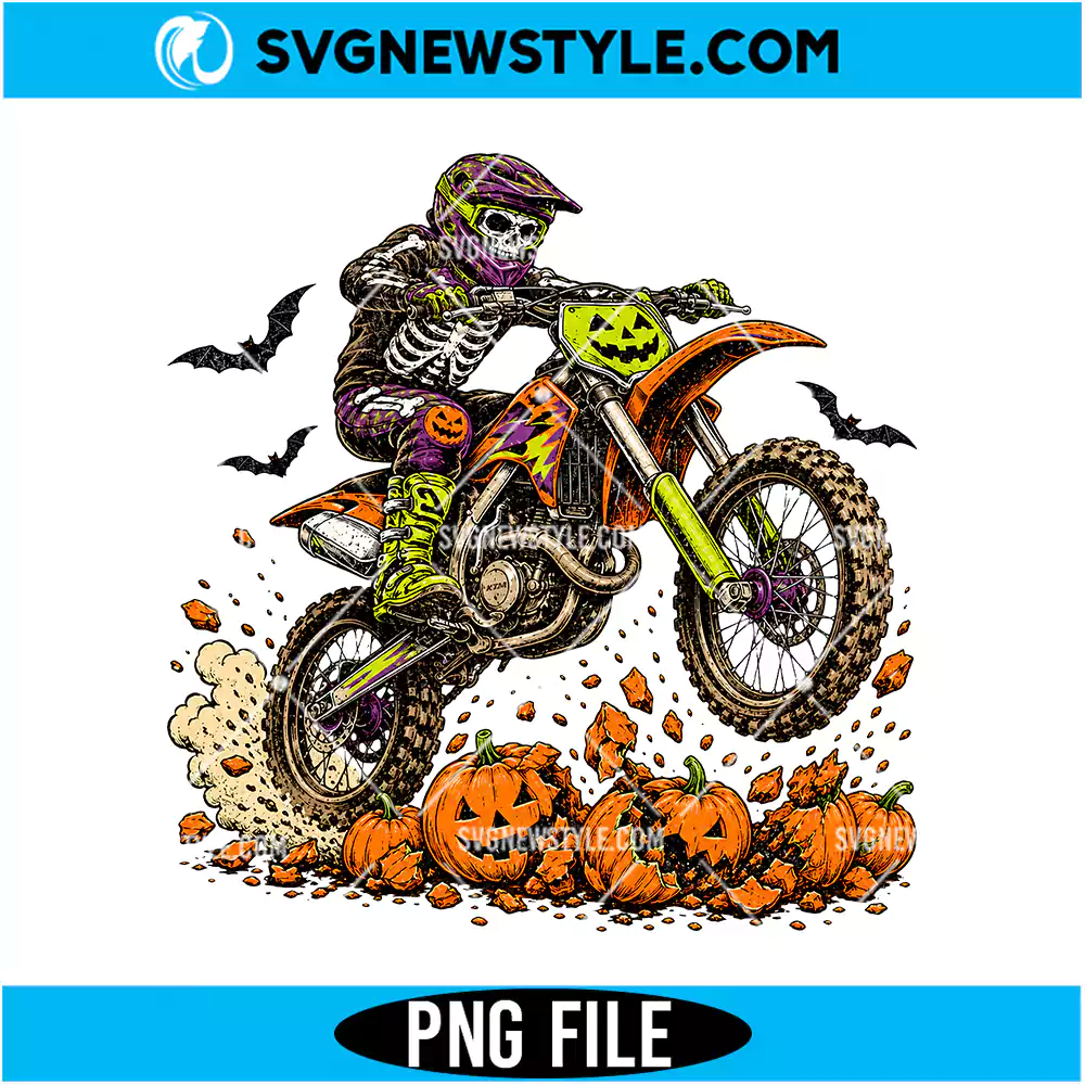 Halloween Motocross Skeleton PNG Digital Download | Spooky Biker Season Graphic 1 Halloween Motocross Skeleton PNG