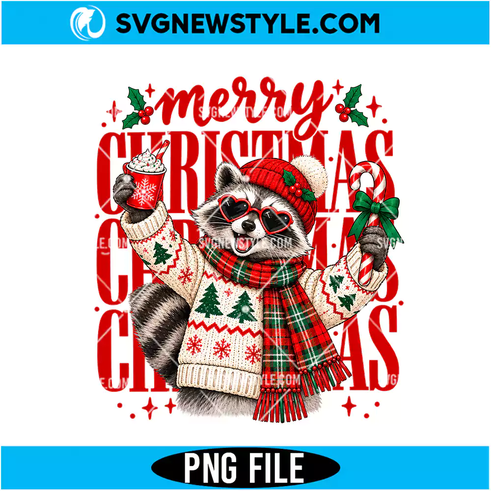 Merry Christmas Raccoon PNG Digital Download | Festive Holiday Animal Graphic 1 Merry Christmas Raccoon PNG