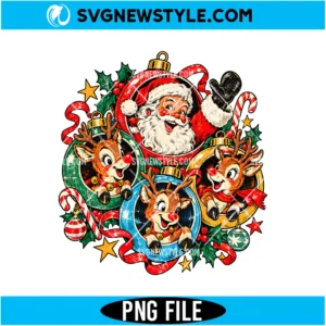Nostalgic Santa and Reindeer Christmas Ornament PNG