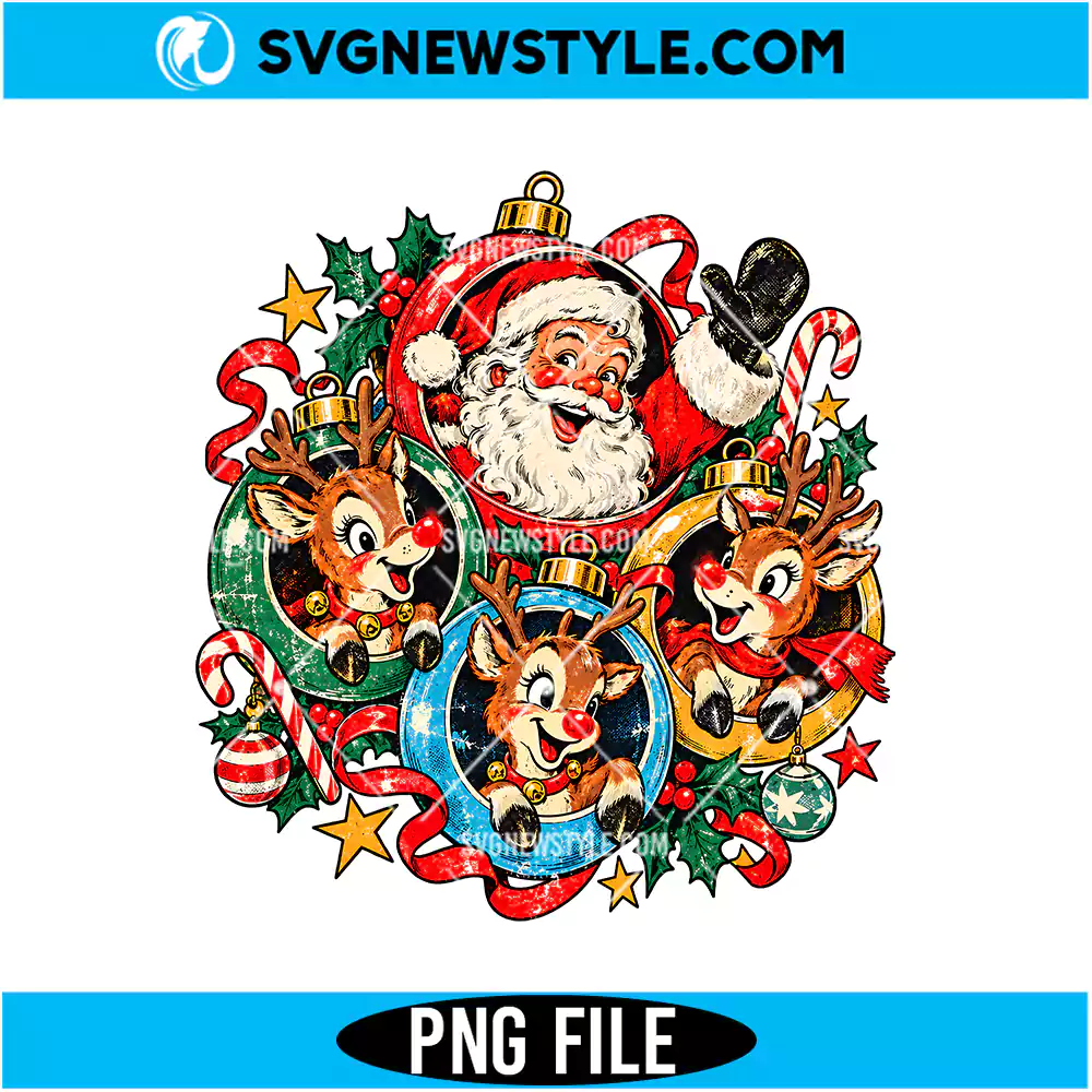 Nostalgic Santa and Reindeer Christmas Ornament PNG Digital Download 1 Nostalgic Santa and Reindeer Christmas Ornament PNG